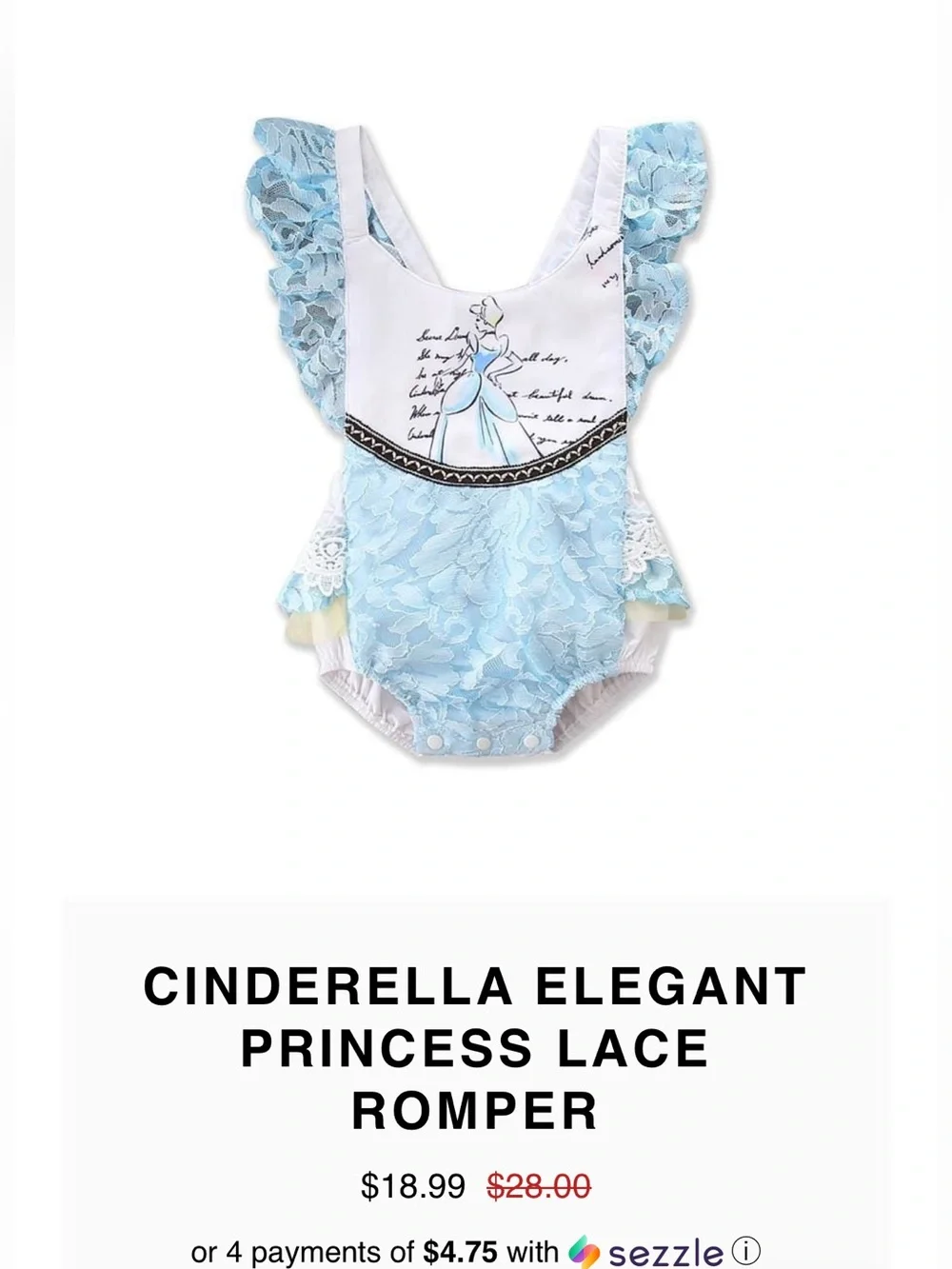 Baby Girls Light Blue Lace One-Piece Romper with Princess Print